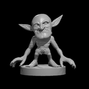 May include: A gray, detailed figurine of a goblin with large ears, a wrinkled face, and a mischievous grin. The goblin is standing on a round base.