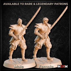May include: Two beige warrior figurines, one male and one female, each holding a long sword. The figures are on a light-colored base with the text "Male" and "Female" below them. The text "AVAILABLE TO RARE & LEGENDARY PATRONS" is at the top.