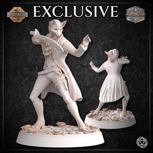 May include: Two cream-colored figurines of characters with animal masks. One figure holds a sword, the other is in a defensive pose. The figures are on circular bases decorated with roses. The word "EXCLUSIVE" is at the top.