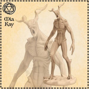 May include: A pair of beige-colored, humanoid figures with antlers and long, slender limbs. The figures are standing on a beige-colored base.