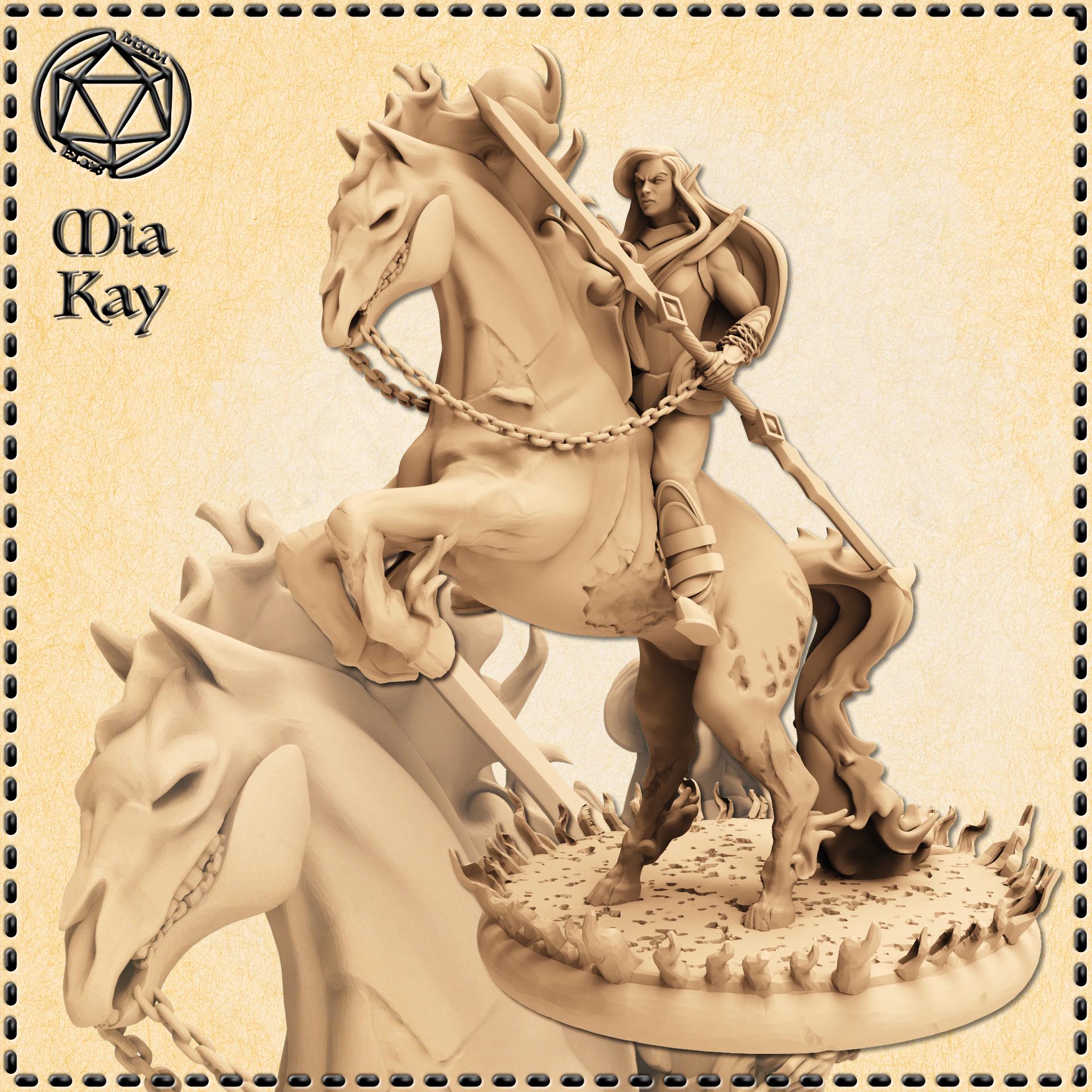 Fantasy Rider Steed Elf Rider on Fire Horse Fantasy Miniature Dnd Pathfinder TTRPG Mounted ...