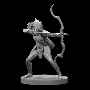 May include: A gray figurine of an archer in a battle stance, drawing a bow. The archer wears a helmet, armor, and a cape. The bow has a curved design. The figurine is on a circular base against a black background.