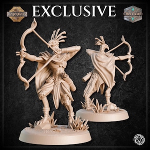 May include: A beige figurine of an archer with a bow and arrow, wearing a feathered headdress and cape. The figurine is on a round base with grass details. The word "EXCLUSIVE" is at the top.
