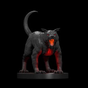 May include: A black, stylized figurine of a snarling beast with glowing red eyes and mouth. The creature has a long tail and is posed on a dark base, with red accents on its chest and legs. The background is black.