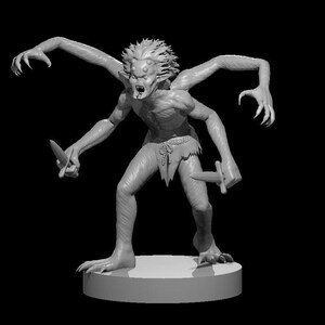 May include: A gray, detailed figurine of a creature with four arms, sharp claws, and a fierce expression. The creature is holding two daggers and is standing on a round base.