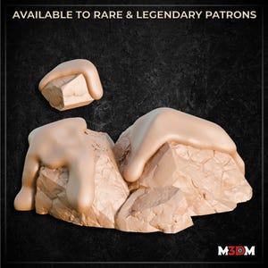 May include: A beige-colored sculpture of a rock formation with a flowing, melted-like substance over it. A separate rock piece floats above the main structure. The text "AVAILABLE TO RARE & LEGENDARY PATRONS" is at the top.