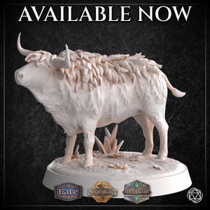 May include: A white, furry, miniature bull figurine with horns. The figurine is standing on a round base with the words "Rare", "Legendary", and "Merchant" printed on it.