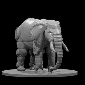 May include: A gray, steampunk-style elephant sculpture. The elephant is constructed of metal plates and rivets, with mechanical details on its legs and body. It has large tusks and a trunk, and stands on a circular base against a black background.