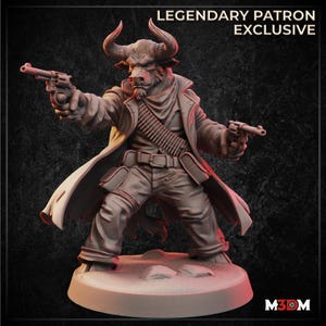 May include: A detailed figurine of a minotaur cowboy, holding two revolvers. The figure wears a long coat, jeans, and a bandolier. The text "LEGENDARY PATRON EXCLUSIVE" is visible at the top. The base is a light red color.