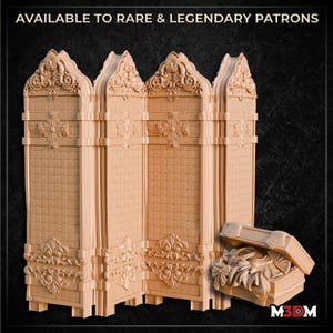 May include: Beige decorative room divider with ornate carvings and a matching open box. The divider has a brick-like pattern on the panels and is embellished with floral and scroll designs. Text at the top reads "AVAILABLE TO RARE & LEGENDARY PATRONS."