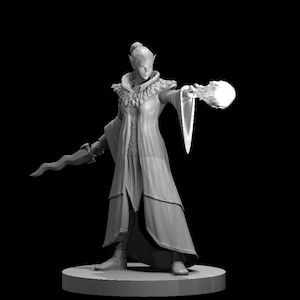 May include: A grayscale figurine of a fantasy character, possibly an elf, holding a glowing orb in one hand and a curved blade in the other. The figure is wearing a long coat with a fur-like collar and stands on a circular base.