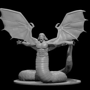 May include: A gray sculpture of a mythical creature with a human upper body, snake-like lower body, and large bat-like wings. The figure has long hair and is posed with arms outstretched, mouth open in a yell. The sculpture is on a round base.
