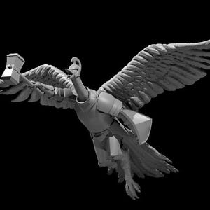 May include: A grayscale sculpture of a bird-like figure in flight, holding a hammer. The figure is wearing armor and has outstretched wings. The background is solid black.