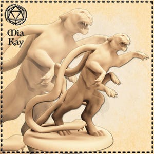 May include: Two beige, sculpted, fantasy creatures with feline features. One creature has a long, serpentine tail. Both creatures have sharp claws and are posed in a dynamic, aggressive stance.