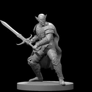 May include: A grayscale figurine of an elf warrior, poised in a battle stance. The figure is holding a large sword with ornate detailing. The warrior is wearing armor and a cape, with pointed ears and a stern expression. The figurine is on a circular base.