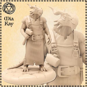 May include: A beige, hand-painted miniature figurine of a dragon-like creature wearing a brown apron and holding a hammer. The creature has a long tail and a textured, scaly body. The figurine is standing on a beige base.