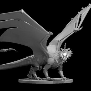 May include: A gray dragon figurine with large, articulated wings, armor-like plating, and a long, curved tail. The dragon is posed on a circular base, with its mouth open, revealing teeth. The image is set against a black background.