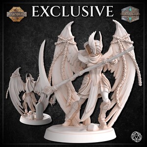 May include: A white painted miniature figurine of an angel with wings, holding a scythe. The angel is wearing armor and a hooded cloak. The figurine is on a round base. The text "EXCLUSIVE" is written in large letters above the figurine.