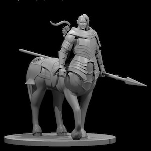 May include: A grayscale sculpture of a centaur warrior, a mythical creature with the upper body of a human and the lower body of a horse. The warrior is clad in armor and holds a spear and bow. The sculpture is set against a black background.