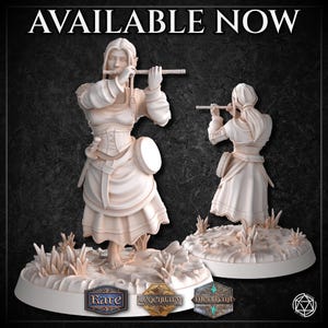 May include: A white painted miniature figurine of a female elf playing a flute. The elf is wearing a long dress and has a small drum strapped to her side. The figurine is standing on a base with grass and rocks. The figurine is available in rare, legendary, and merchant versions.