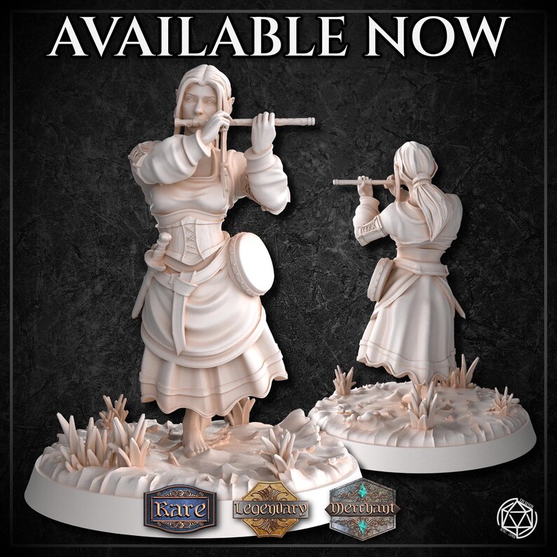 May include: A white painted miniature figurine of a female elf playing a flute. The elf is wearing a long dress and has a small drum strapped to her side. The figurine is standing on a base with grass and rocks. The figurine is available in rare, legendary, and merchant versions.