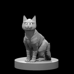 May include: A gray, stylized sculpture of a cat wearing armor, sitting on a round base. The cat's armor is detailed with rivets and plates, giving it a mechanical appearance. The cat has glowing eyes and a serene expression.