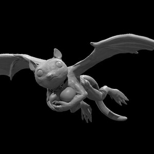 May include: A grayscale sculpture of a winged creature with large eyes, a cat-like face, and bat-like wings. The creature is in a flying pose against a black background. The sculpture has a smooth texture and detailed features.