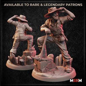 May include: Two detailed figurines of a prospector, one with a pickaxe and the other looking out. Both figures wear hats, overalls, and boots, standing on rocky bases. The text "AVAILABLE TO RARE & LEGENDARY PATRONS" is at the top.