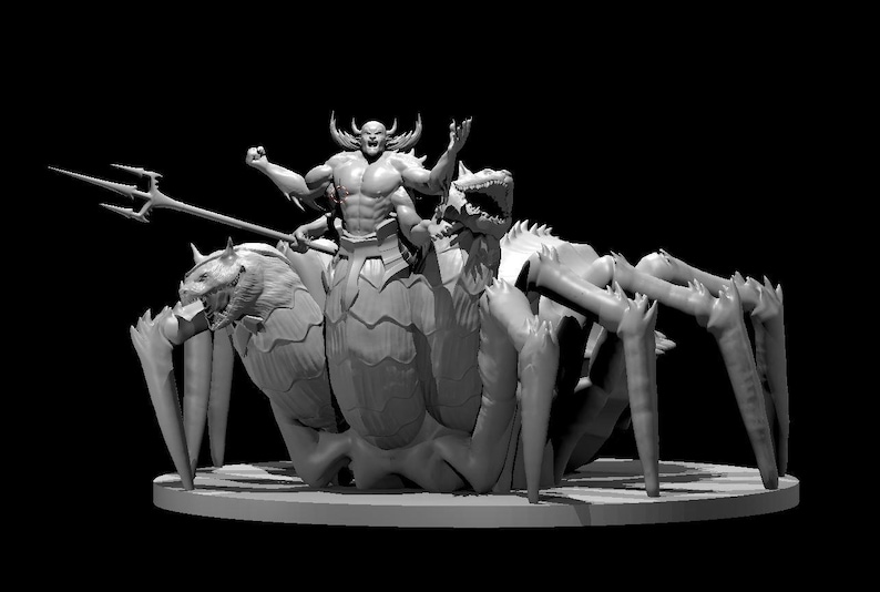 Puede incluir: Una figura miniatura gris y detallada de un demonio cornudo montando una criatura ara&ntilde;a de m&uacute;ltiples patas. El demonio sostiene una lanza en una mano y tiene una expresi&oacute;n feroz.
