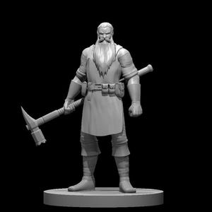May include: A gray 3D printed miniature of a bearded man wearing a tunic and holding a pickaxe.