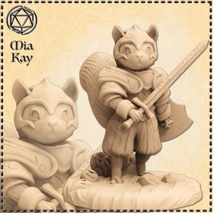 May include: A painted miniature figurine of a squirrel warrior wearing armor and holding a sword. The squirrel has a bushy tail and is standing on a base.