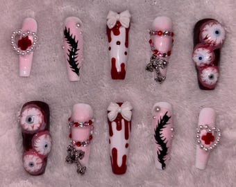 creepy cute hospital core horror halloween coffin shaped handmade press on nails