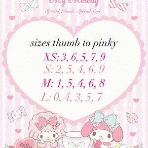 May include: A pink and white graphic featuring the text "My Melody" and "Special friend. Special time." with size charts for XS, S, M, and L. The image includes cartoon characters, bows, hearts, and strawberries, creating a cute and whimsical design.