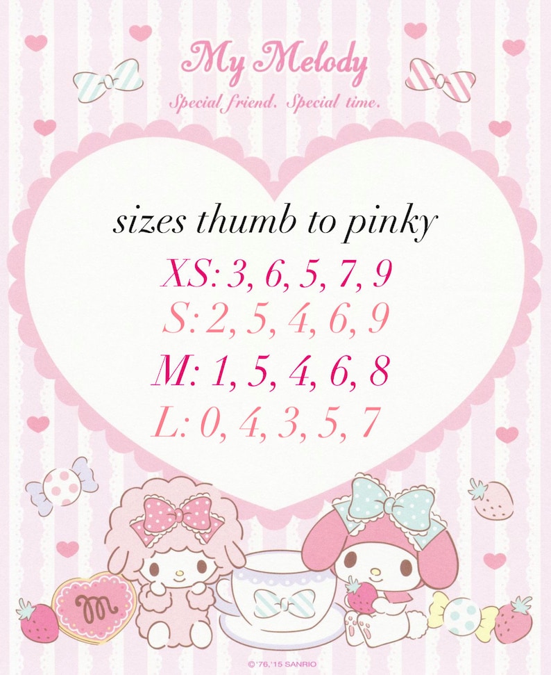 May include: A pink and white graphic featuring the text "My Melody" and "Special friend. Special time." with size charts for XS, S, M, and L. The image includes cartoon characters, bows, hearts, and strawberries, creating a cute and whimsical design.
