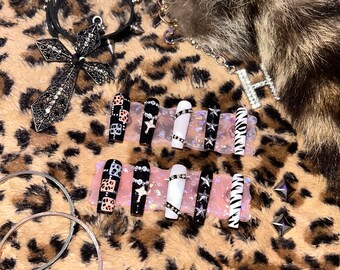y2k rokku gyaru grunge leopard handmade press on nail set