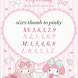 May include: A pink and white graphic featuring the text "My Melody" and "Special friend. Special time." with size charts for XS, S, M, and L. The image includes cartoon characters, bows, hearts, and strawberries, creating a cute and whimsical design.