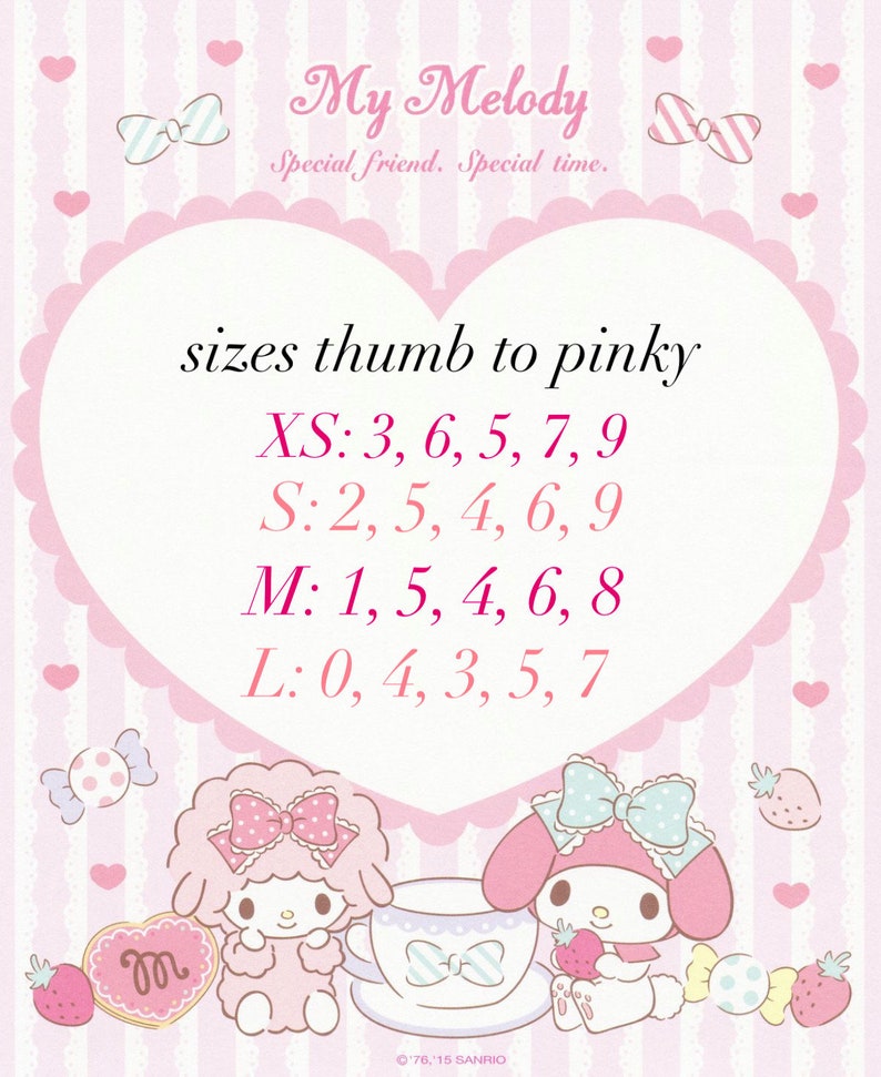 May include: A pink and white graphic featuring the text "My Melody" and "Special friend. Special time." with size charts for XS, S, M, and L. The image includes cartoon characters, bows, hearts, and strawberries, creating a cute and whimsical design.