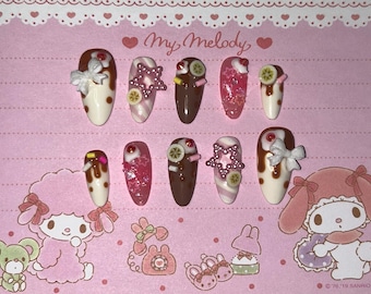 almond shaped kawaii cafe sweet treat press on nail set, gyaru nails, kawaii nails