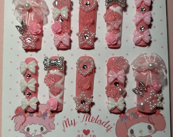 pretty pretty pink coquette junk nails handmade press on nail set (long square)