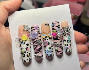 y2k lisa frank inspired junk nails handmade press on nail set