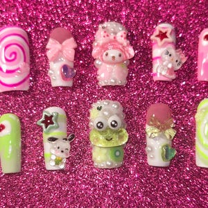 kawaii pink bunny and frog junk press on nails (medium square)
