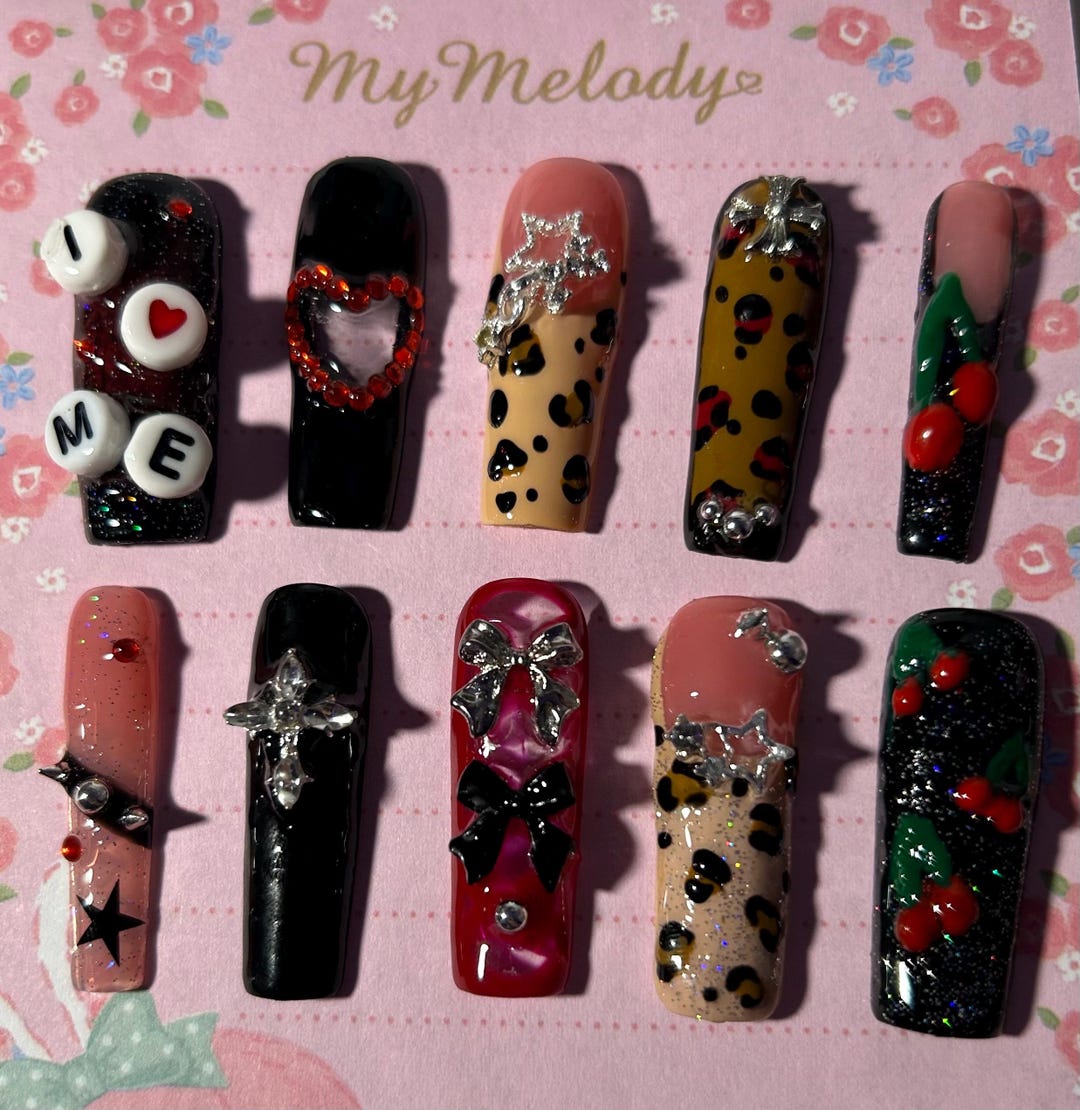 I <3 Me Leopard Cherry Grunge Y2k Long Square Handmade Press on