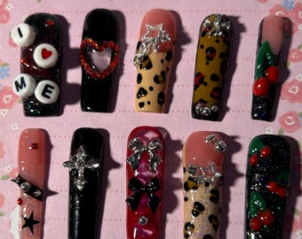 i <3 me leopard cherry grunge y2k long square handmade press on nail set