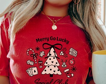 Merry Go Lucky Christmas Comfort Colors Shirt, Winter Christmas Tree Coquette, Holiday Social Club, Christmas Tree Sweater, Xmas Bow Shirt