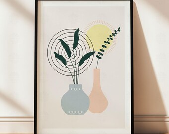 Stampabile con sole e piante astratte in stile boho, decorazioni vegetali minimaliste alla moda, stampa digitale botanica pastello, poster con piante stravaganti, parete boho artistica