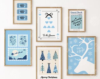 Stampe di poster natalizi blu/Stampa da parete con albero di Natale Coquette/Decorazioni natalizie alla moda/Poster da parete carini per le vacanze invernali/Natale da ragazza/Nord