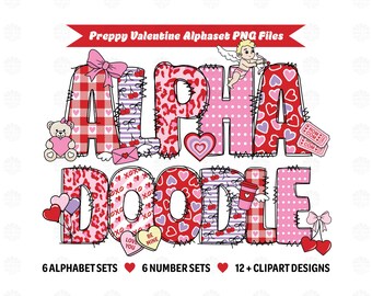 Pacchetto di scarabocchi con alfabeto preppy per San Valentino, font con lettere dell'alfabeto PNG, clipart di San Valentino, lettere a forma di cuore, crea il tuo nome