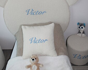 Custom Embroidered Name Pillow – Personalized Nursery Decor Cushion – Soft Cream Boucle