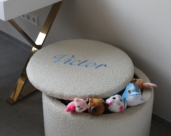 Custom Embroidered Storage Ottoman for Kids – Toy Box with Name – Boucle Fabric