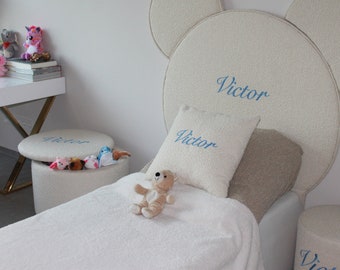 Luxury Personalized Kids Room Set – Pillow, Teddy Headboard & Toy Storage with Name